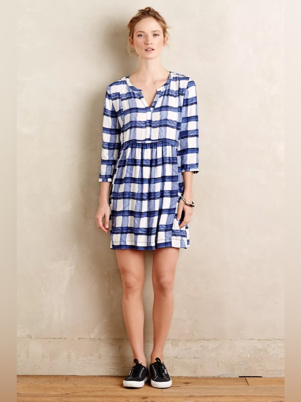 Maeve Blue and White Plaid Drawstring dress